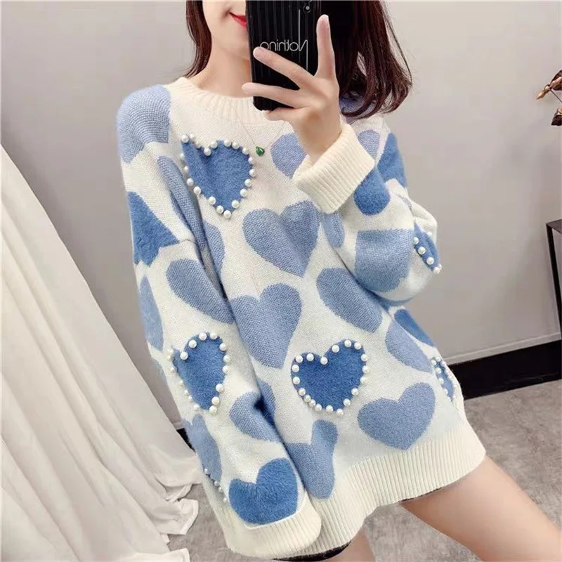 Spring Autumn New Korean Beaded Heart Printing Knitting Sweater Women Pullover Tops Korean Casual Long Sleeve Female Knit Jumper