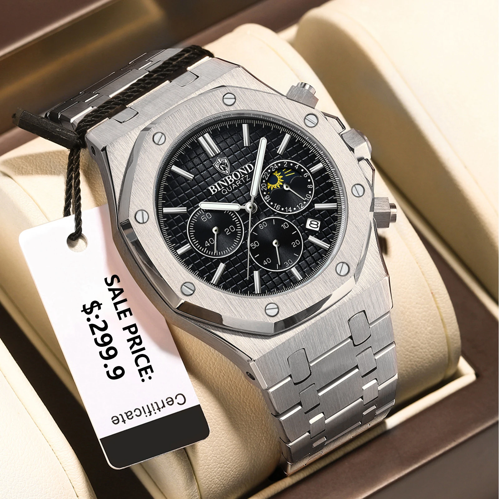 BINBOND Men's Wtches B0161 Classic Fashion Original Quartz Watch fot Man Fine Steel Waterproof Moon Phase Chronograph Date Trend