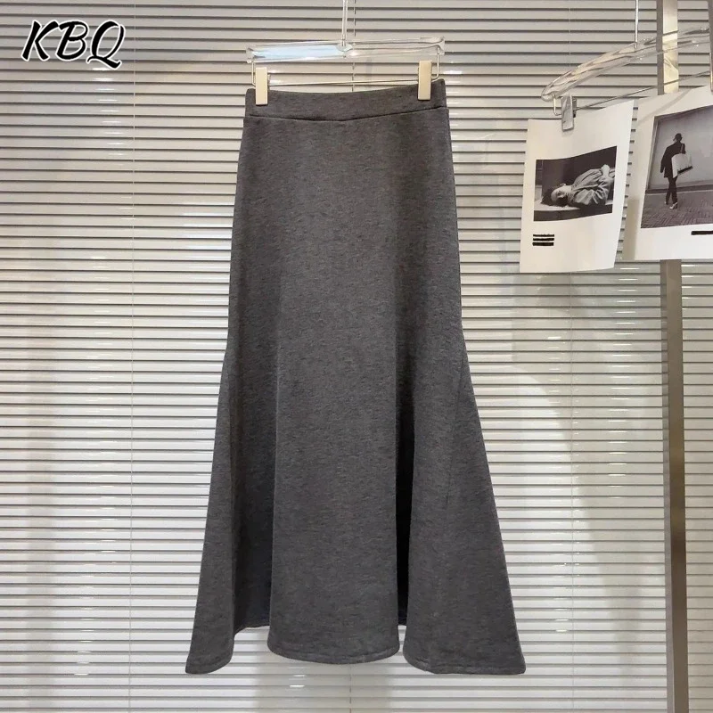 KBQ  French Solid Temperament Loose Fishtail Skirt For Women High Waist Elegant Chic Woolen Long Skirt Female Fashion Winter New