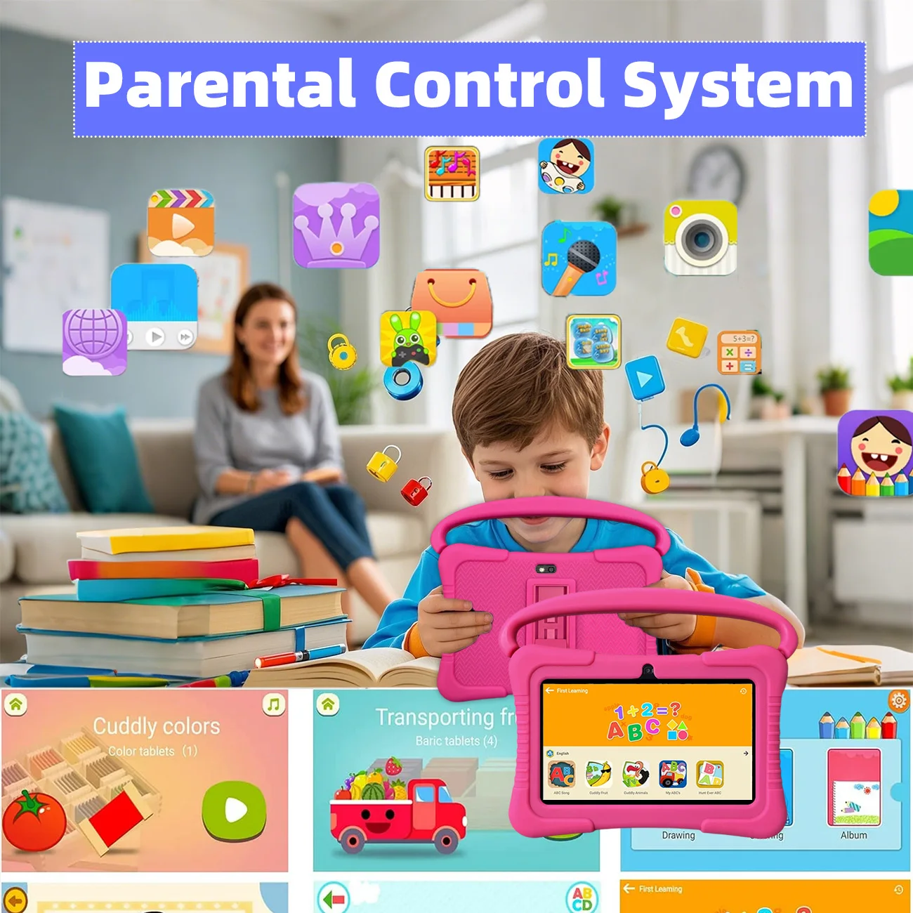 Tablet infantil de 7 polegadas, tablet infantil com controle de pais, câmeras duplas, presentes infantis para o Natal e aniversário. Rosa/Azul