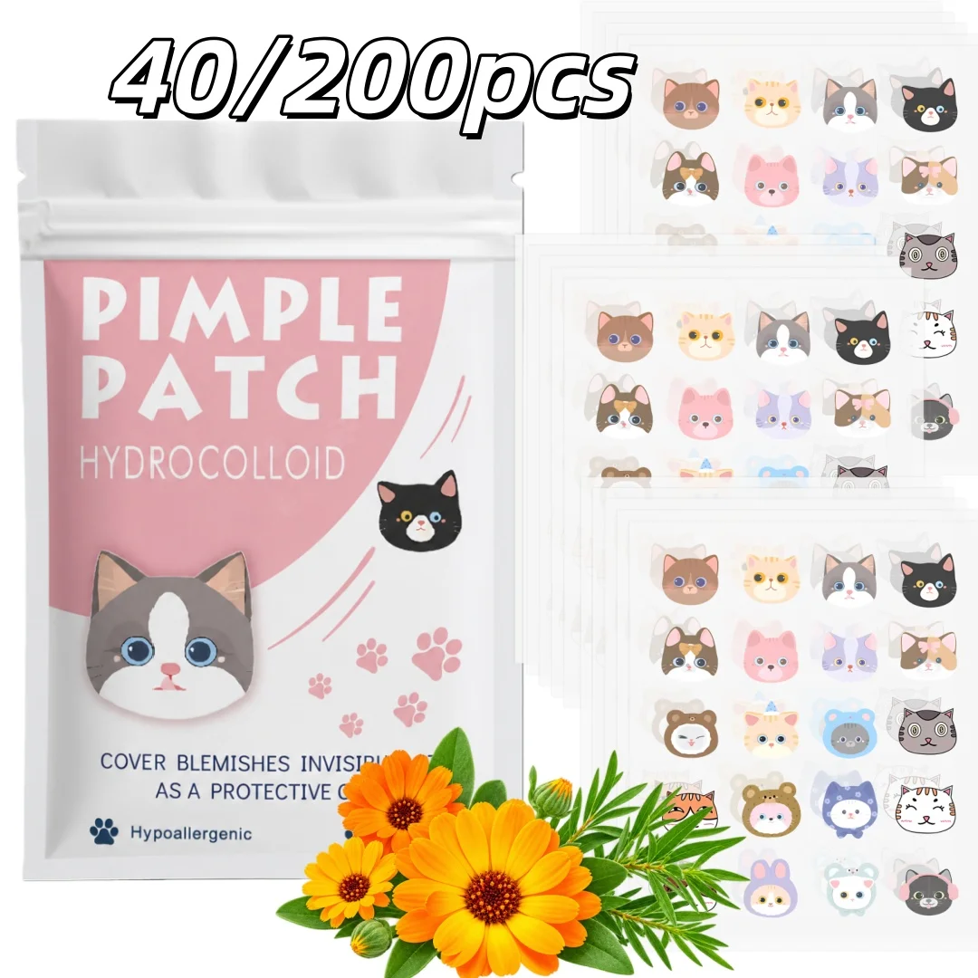 40/200pcs Cute Cartoon Cat Pimple Patch Set, Hydrocolloid Blemish Cover Stickers, Comfortable Everyday Spot Care for Face Skinca
