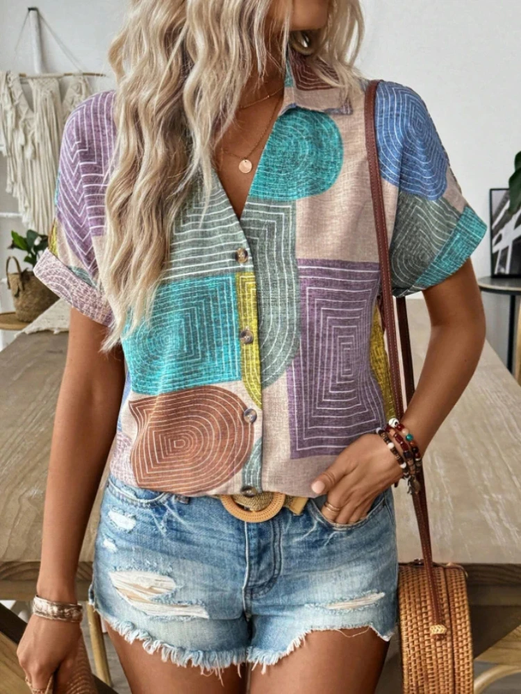 

2025 Spring Summer Women's Printed Short Sleeve Shirt Casual Loose Blouse Open Front Cardigan Lightweight Button Design t-Shirts