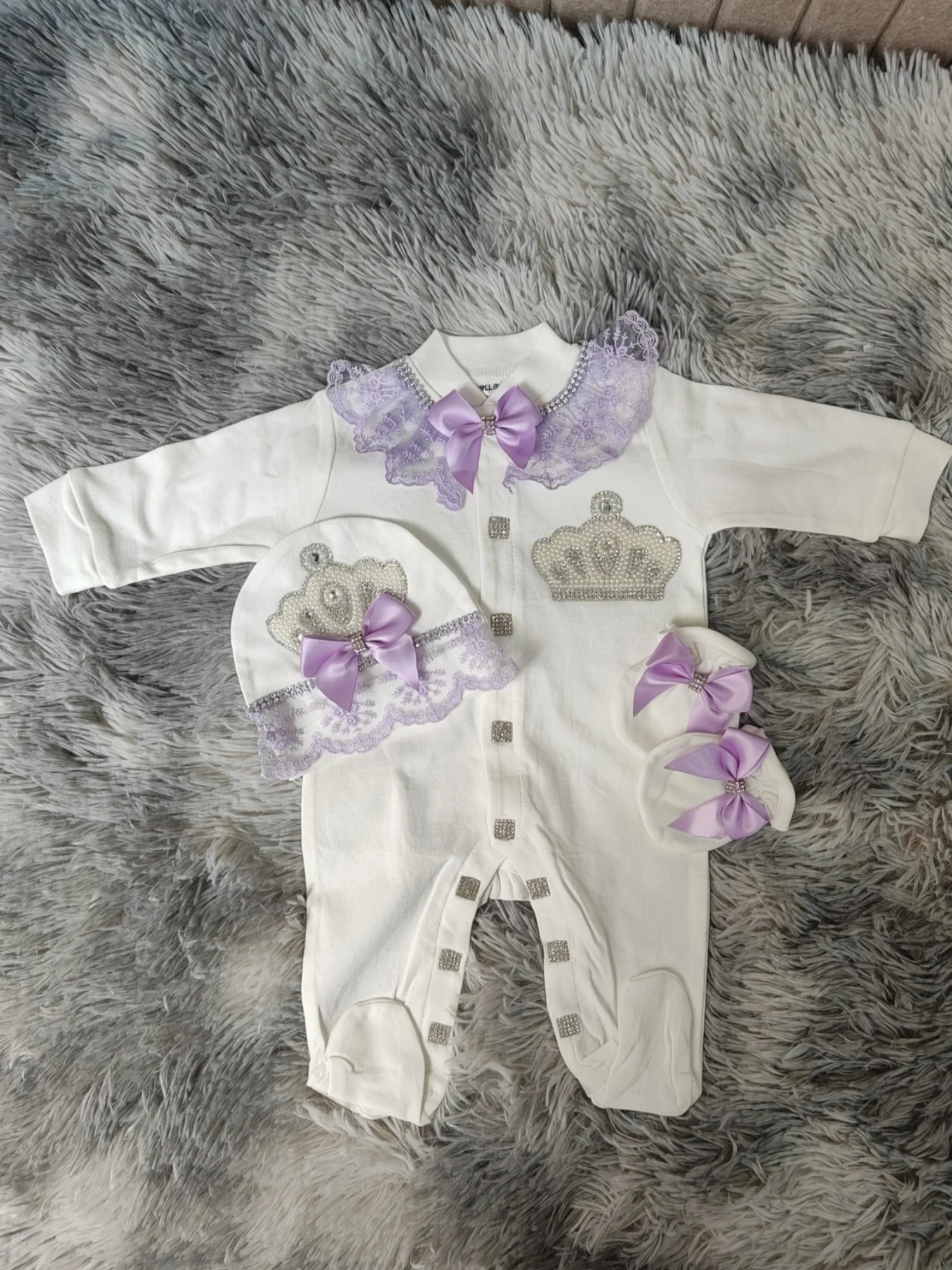 

Lavender Purple Lace Pearl Rhinestone Crown Satin Bow Baby Footed Romper Newborn 0-9 Months 3Pcs White Princess Baptism Gift