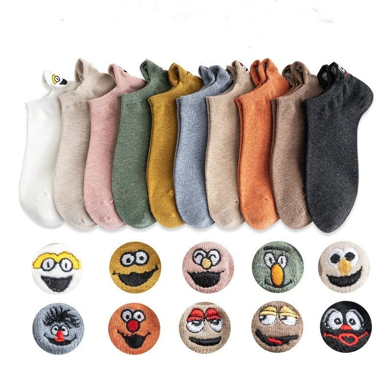 5Pairs Funny Short Socks Kawaii Women's Ankle Socks Set Expression Spring Cartoon Face Embroidery Summer Cute Cotton Female