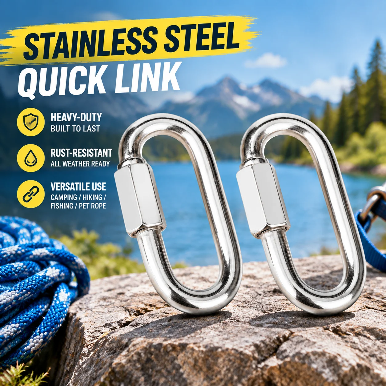 Heavy-Duty 304 Stainless Steel Screw-Locking Quick Link Carabiner for Camping Hiking Fishing Pet Ropes