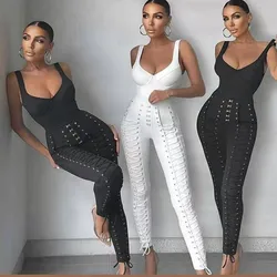 2022 New Fashion Design Rayon Bandage Women Sleeveless Sexy Laced Up Bodycon Jumpsuit Celebrate Fashion Birthday Outfit