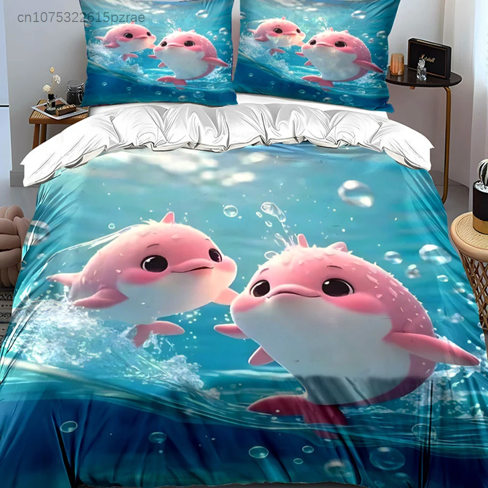 Cute Dolphin Figurine Set Decor Multiple Sizes kid's And adults' Bedroom Exquisite 3PC Bedding set, Gift