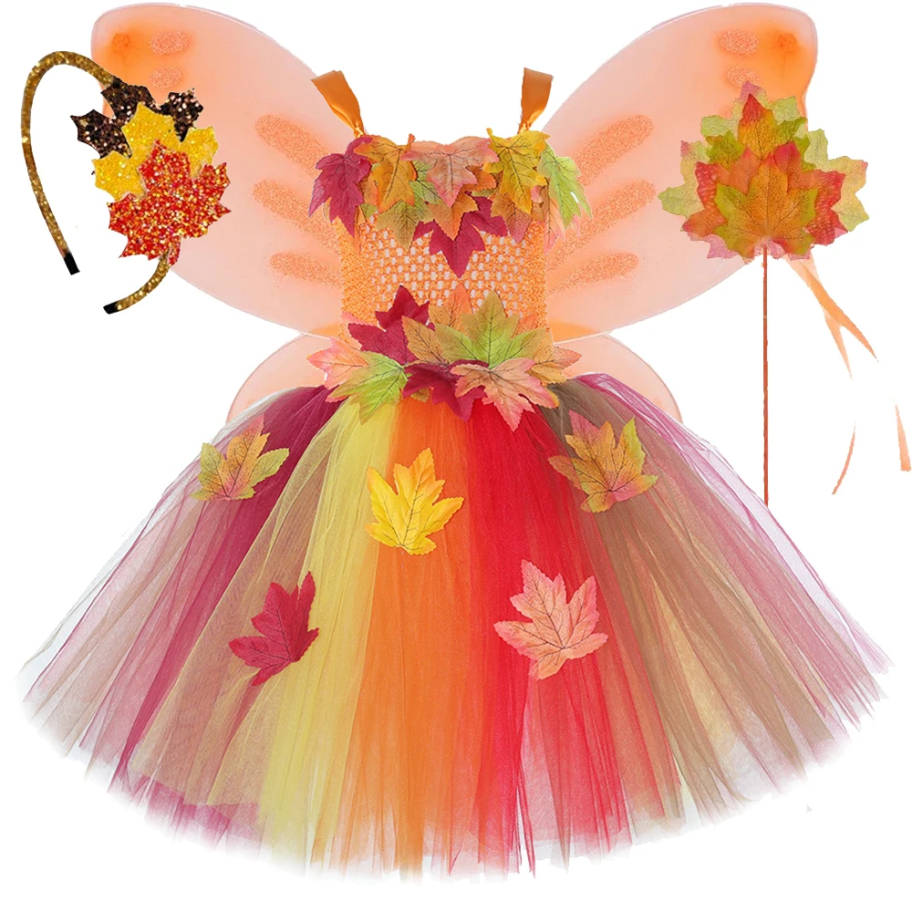 Fall Maple Leaves Fairy Costumes Girls Woodland Fairy Princess Dresses with Butterfly Wings Kids Halloween Thanksgiving Outfit