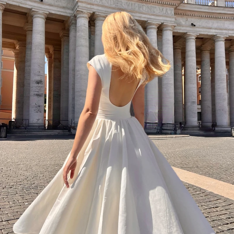 Women Circle Cut Out Back Dress Wide Shoulders and Fitted Waist Prom Dress Fluffy Hem Midi Wedding Party Dresses