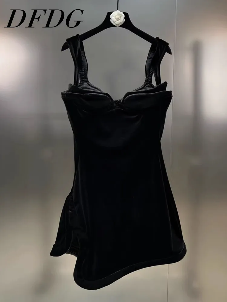 DFDG Women's Summer Black Velvet Cami Dress Sleeveless Bustier Dress Elegant Party Clubwear 2025 Trendy Feminine Fashion Dress