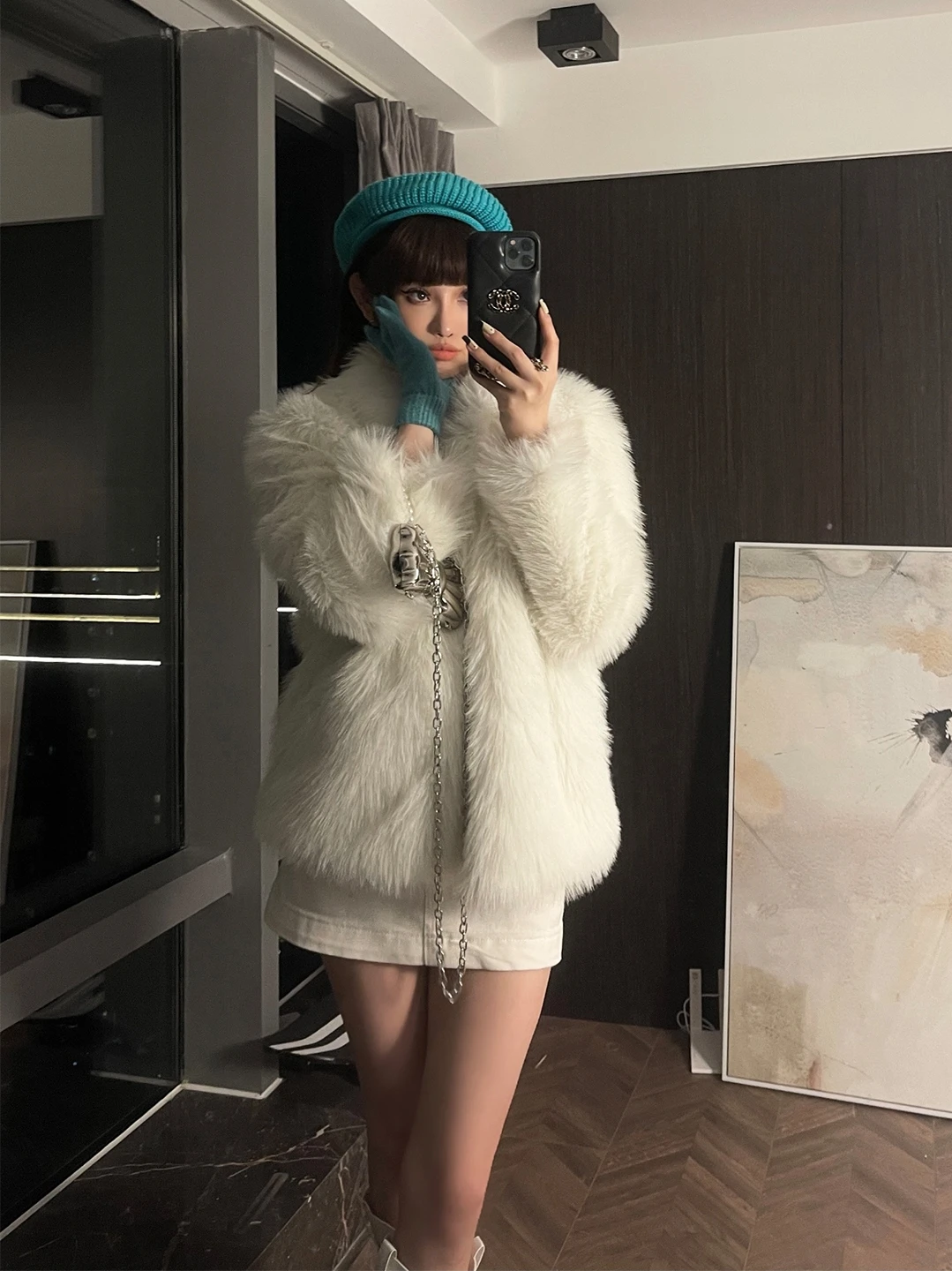 

ChiclyNana Gentle White Eco-friendly Faux Fur Jaet 2024 New Young Sle Inteated Leather And Fur Long Sve Mid-Length