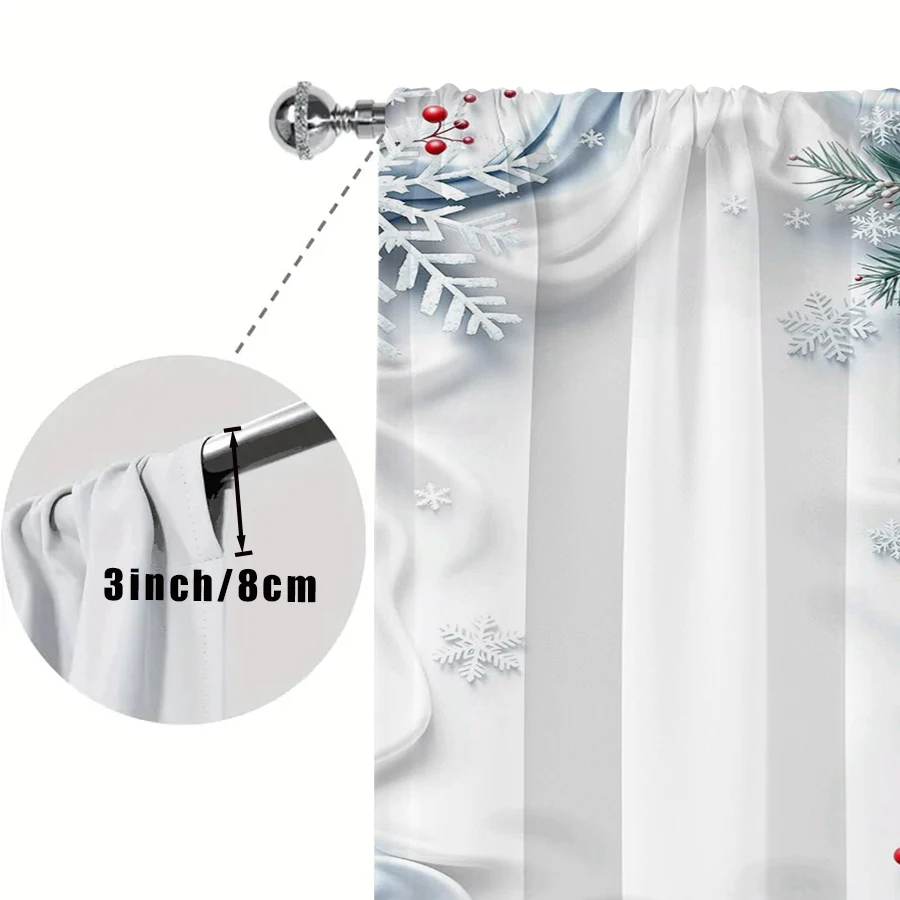 2PCS White Blue Pine Cone Snowflake Curtains, Red Berry Branch Winter Christmas Holiday Window Drapes for Bedroom Decor
