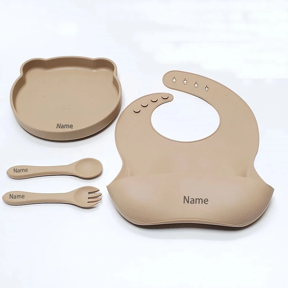Free Name Printing Silicone Children's Tableware Feeding Bowl Silicone Fork Spoon Plate Meal Training Holiday Gift