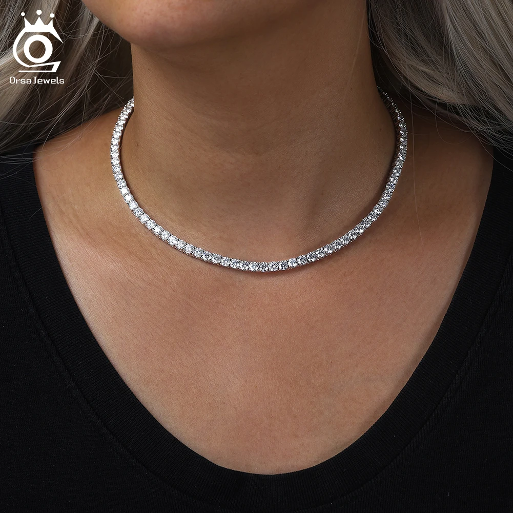 

ORSA JEWELS 2MM/3MM/4MM Moissanite Tennis Necklace Top Quality 100% 925 Sterling Silver Sparkling CZ Party Fine Jewelry MON01