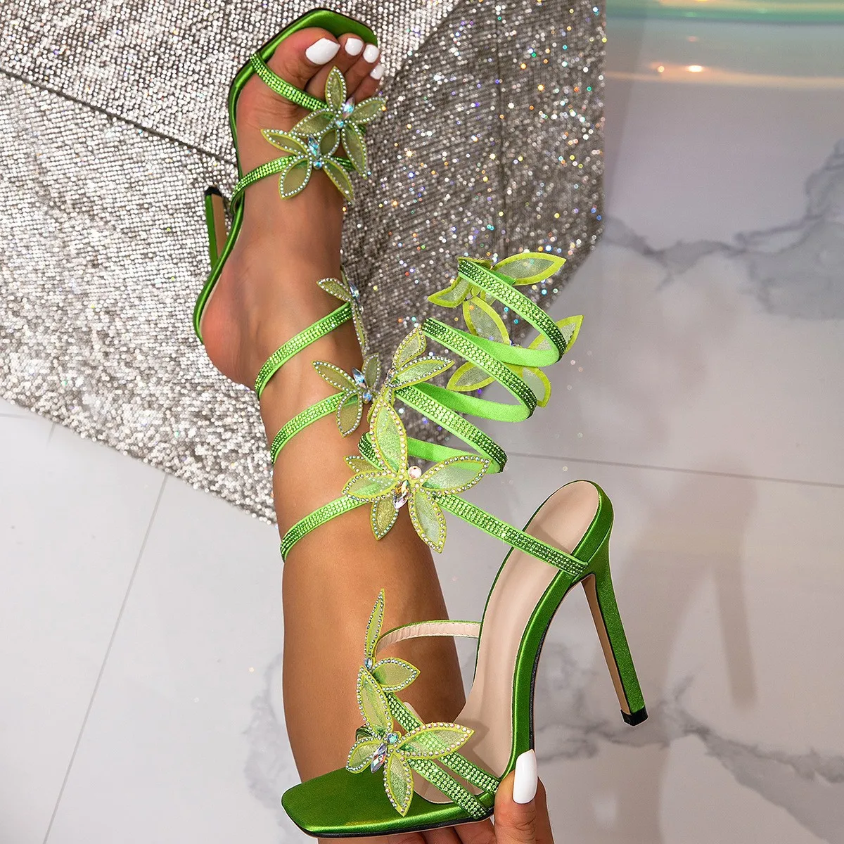 Elegant Design Crystal Butterfly-knot Ankle Strap Woman Sandals Sexy Open Toe Thin High Heels Stripper Party Pumps Shoes