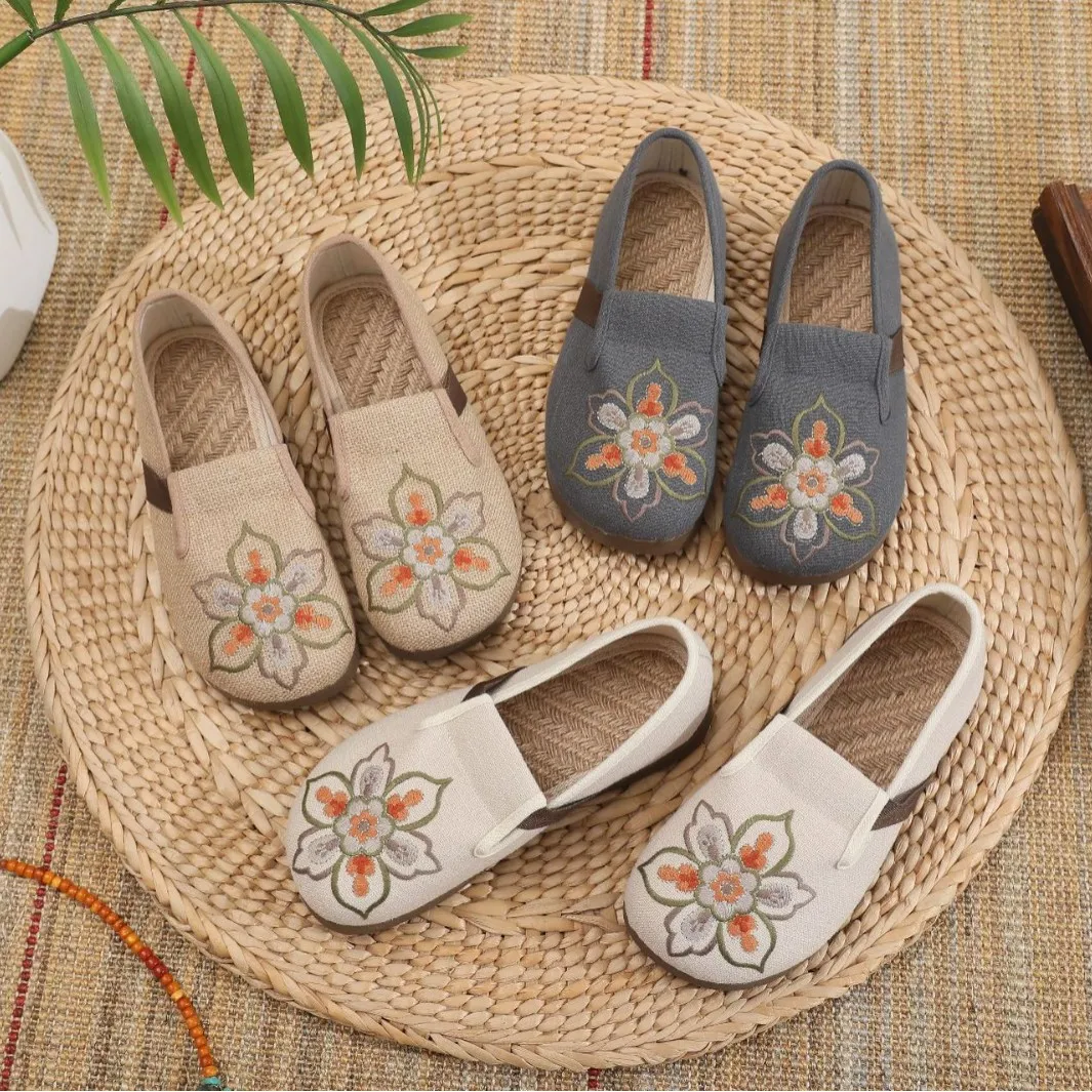

2026 Summer Ethnic Women's Natural Linen Beige Gray Floral Embroidery Espadrille Mules Breathable Casual Shoes Q-175