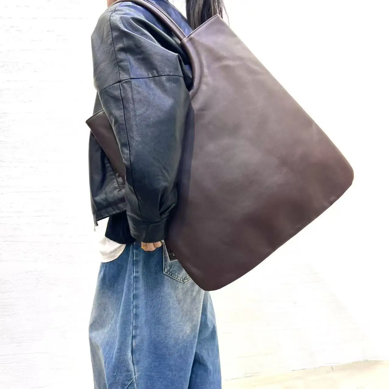 Women's Top Layer Cowhide Leather Shoulder Bag, Large Capacity Retro Minimalist Commute Handbag
