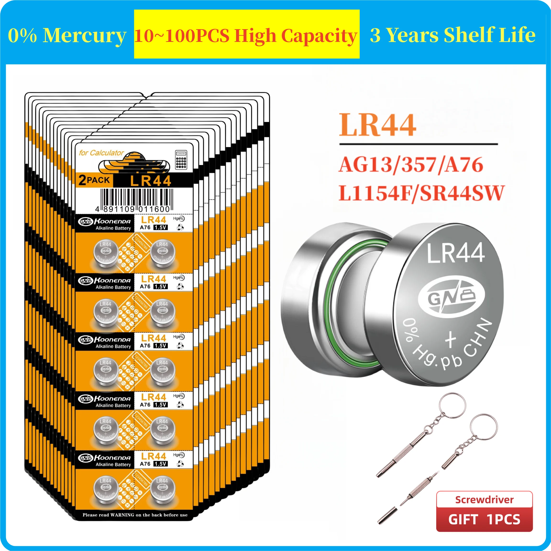 

10-100PCS LR44 Batteries AG13 A76 357 SR44 L1154F Button Cell Battery for Flashlight Door Alarm Laser Sight Toy Watch Battery