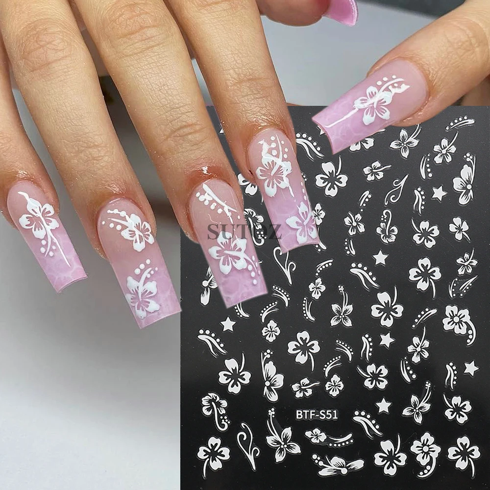 3D Spring Flowers Nail Stickers White Floral Nail Decals Y2K Hibiscus Flowers Leaf Cherry Blossom Sliders for Manicure NLBTF-S51