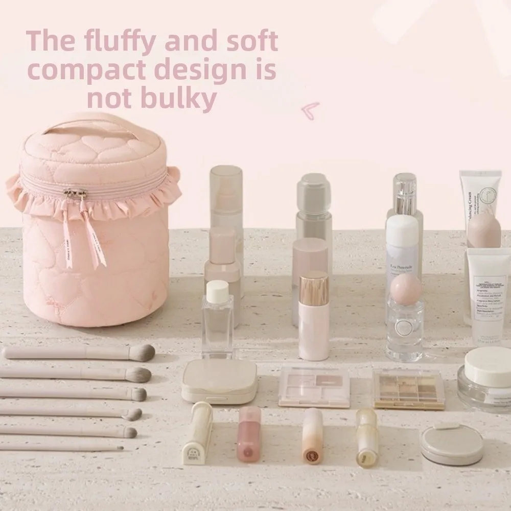 Love Pattern Cosmetic Organizer Bag Large Capacity Cylindrical Shape Makeup Bag Zipper Closure Candy-Colored Wash Pouch Mommy