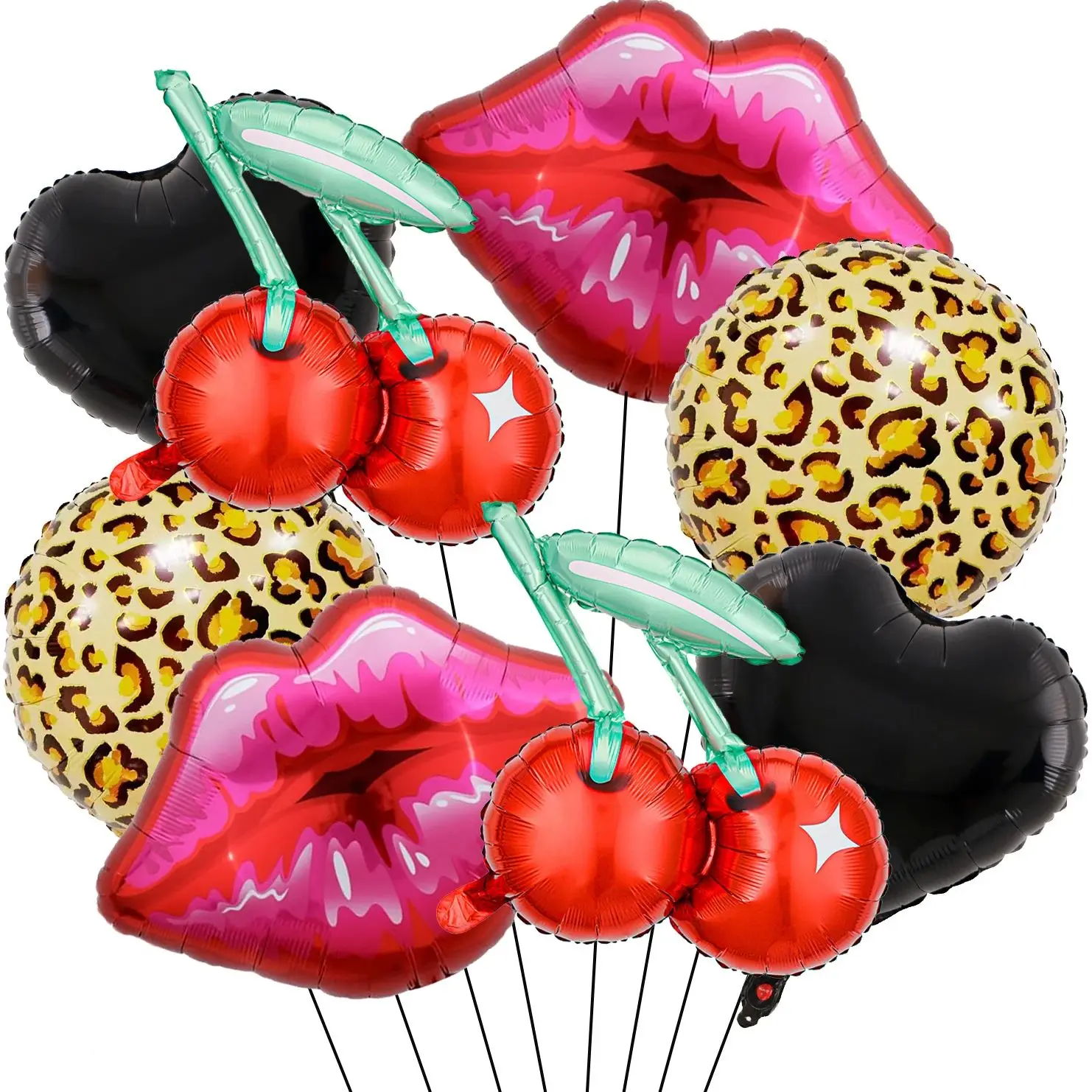Juego de 8 Uds de globos de aluminio de cereza roja, globos de corazón de guepardo con labios, despedida de soltera, boda, Día de San Valentín, decoración de fiesta de cumpleaños para mujer