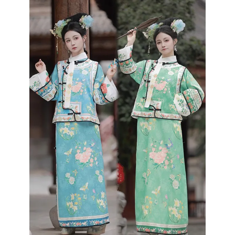 

Classic Qing Palace Gege flag dress, Chinese traditional printing long-sleeved court stage performance Hanfu