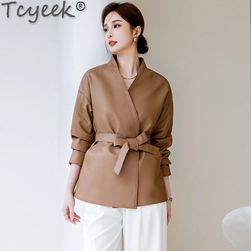 Tcyeek Genuine Leather Jacket Women 2024 Spring Autumn Clothes Belt V-neck Sheepskin Coats for Woman Waist Short Leather Coat