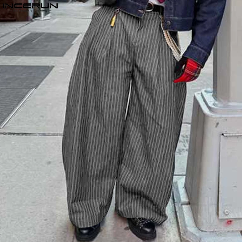 

INCERUN Men's Wide Leg Pants Striped Joggers Oversize Button Casual Trousers Men Streetwear 2025 Fashion Loose Long Pants S-5XL