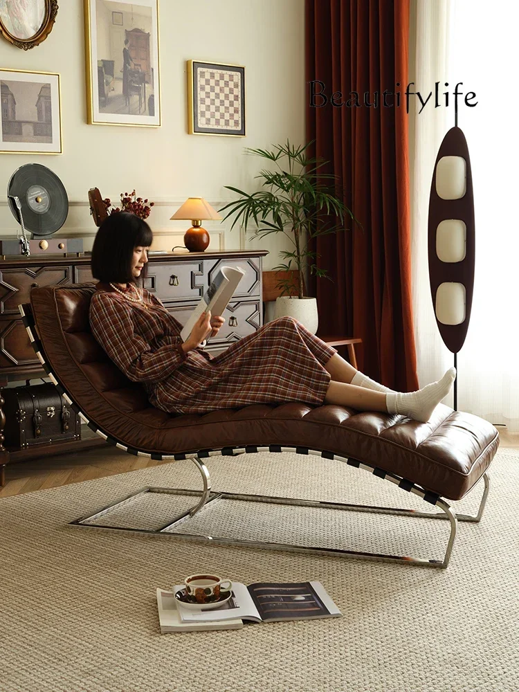 

American retro leather recliner designer casual sofa chair antique living room lunch break chair