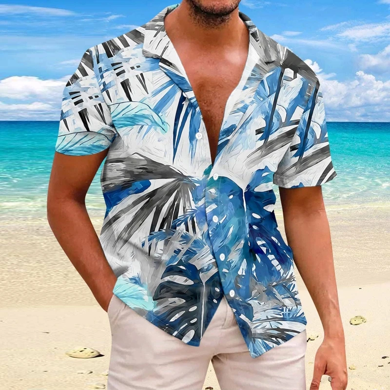 Camisa havaiana de manga curta masculina, camisas de flores de praia estampadas em 3D, tops de moda, blusa masculina, 5XL, 2024