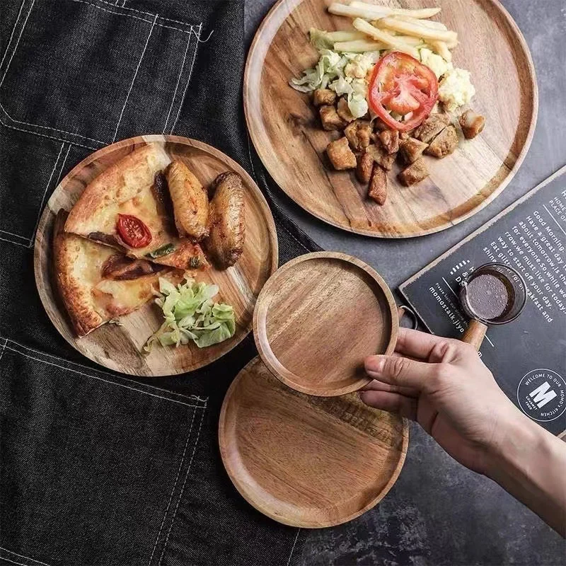 Assiette de service ronde simple en bois, Assiettes en bois rétro, Dessert aux fruits, Snack Plateau de fruits, Assiette alimentaire, Assiette de