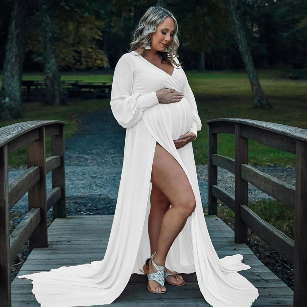 Maternity Photography Dresses Baby Shower Maxi Gown Lantern Sleeve V Neck Pregnancy Wrap Side Split Robe