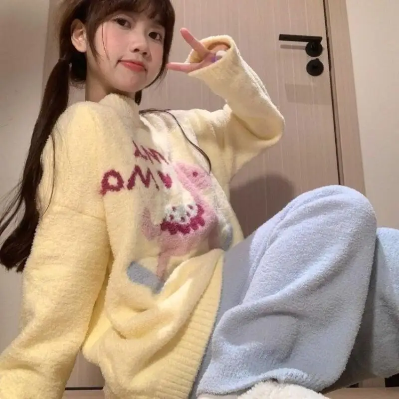

New Girl Homewear Korean Cartoon Winter Thick Coral Fleece Student Warm Home Loungewear Outfit Sleepwear Women's Pajama Set