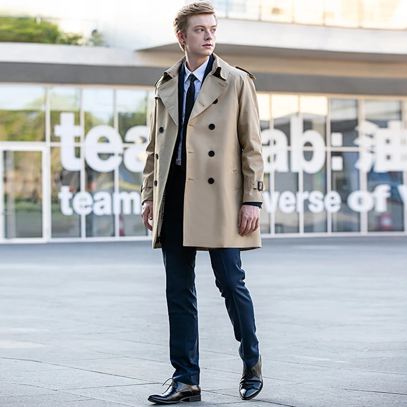 Trench coat men's long khaki men's weatherproof double breasted spring and autumn new youth handsome  loose windbreaker men