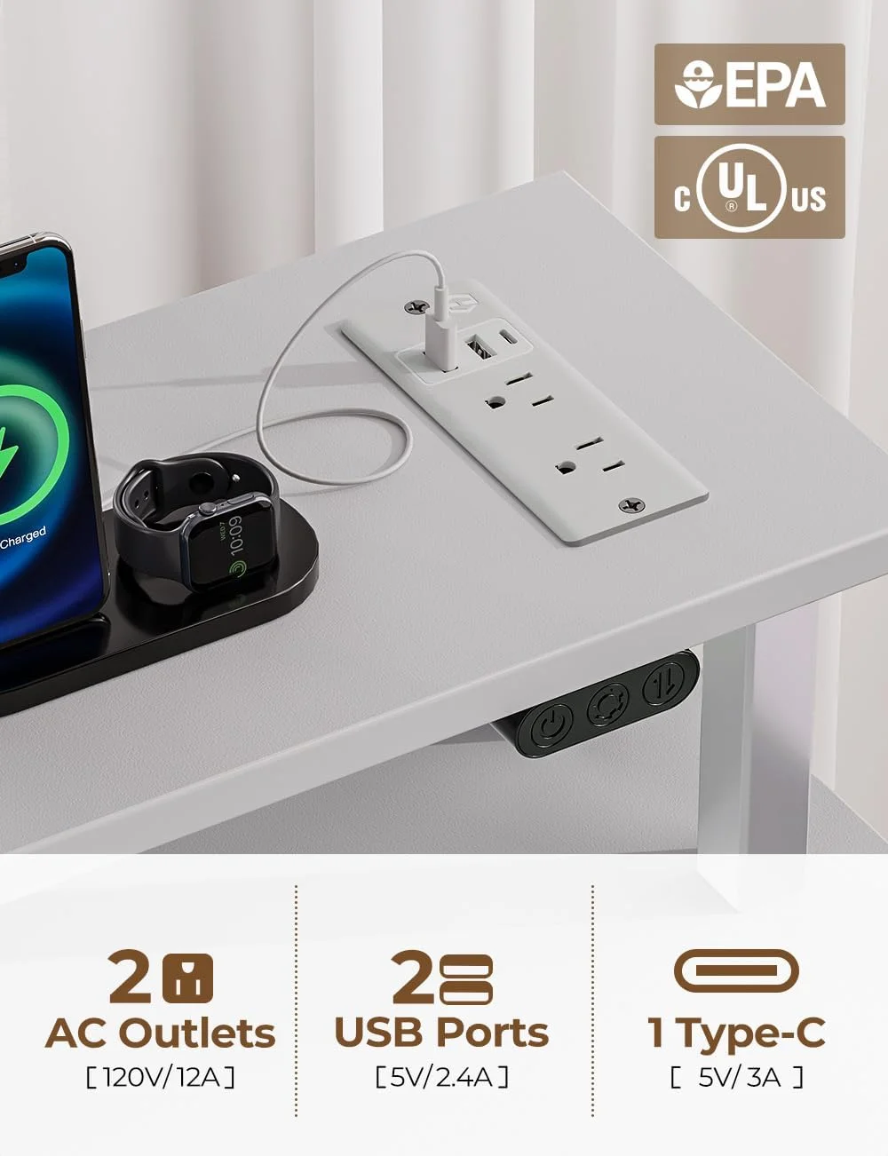 Seventable Home Office Desk, mesa do computador com Power Outlets e luz LED, 5 gavetas, 47 em