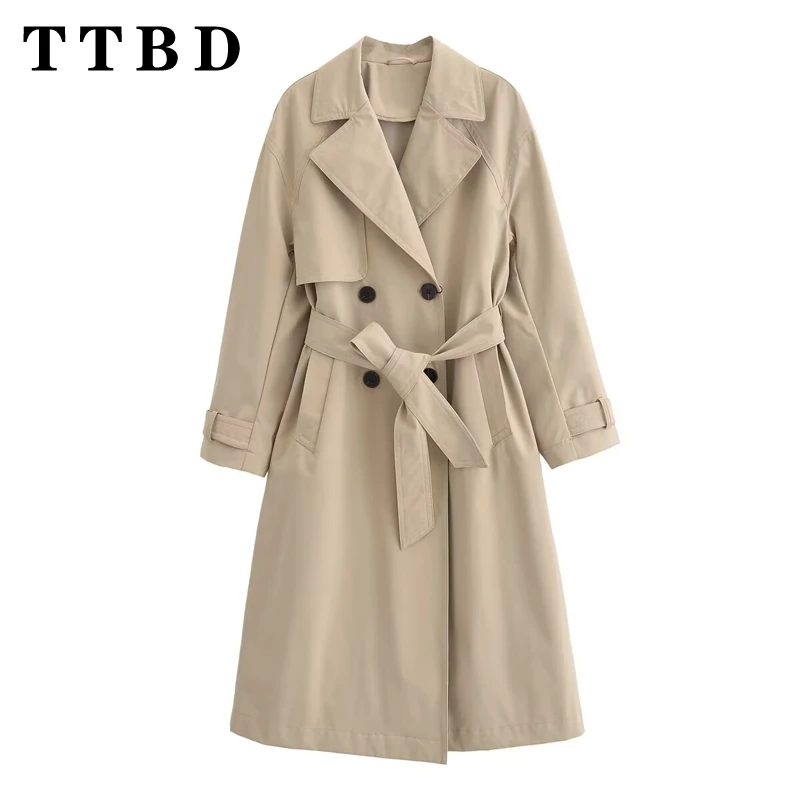 

TTBD 2024 New Women's Vintage Double-Breasted Trench Coat with Belt Long Sleeve Chic Lapel Neck Outerwear