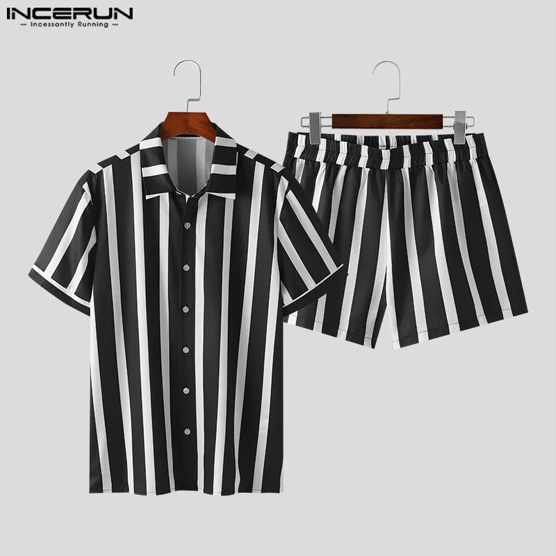 INCERUN-Conjunto de estilo americano para hombre, camisa de manga corta a rayas, pantalones cortos, traje informal, S-5XL de 2 piezas, 2024