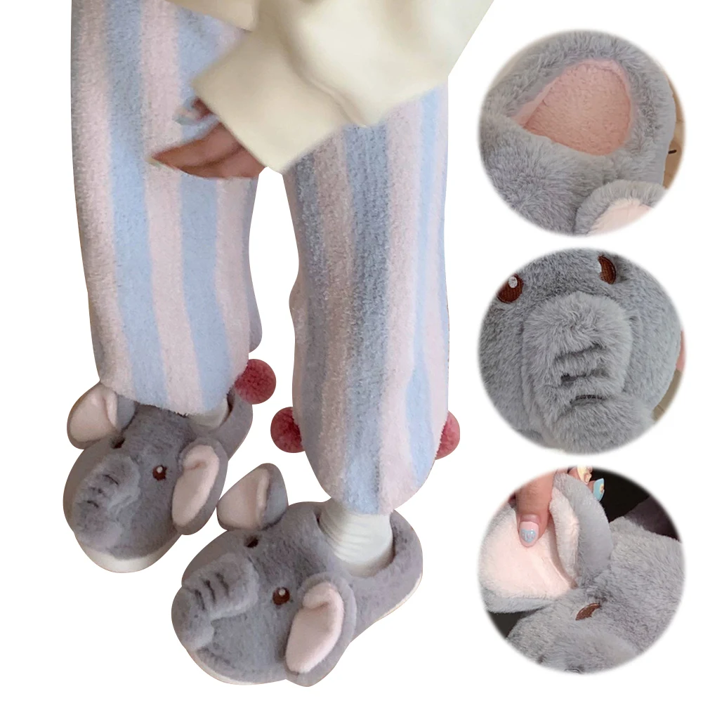 Plush Elephant Slippers Closed Toe Slippers Cute Fluffy Couple Slippers Comfortable Furry Animal Slippers Non-Slip for Men Women