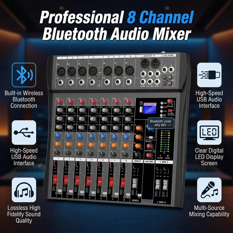 YAMNWEO: mixer audio professionale a 8 canali con Bluetooth, USB, lettore MP3 ed effetti integrati, ideale per console di missaggio in studio, per registrazioni e per esibizioni dal vivo.