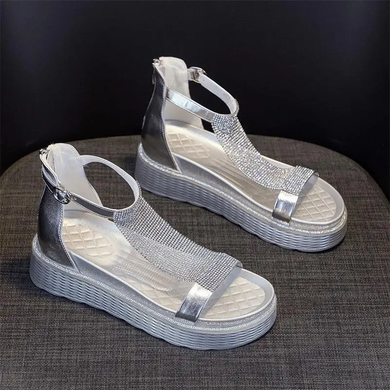 

Fashionable Glitter Platform Sandals Women's Real Leather Slip-On Shoes Korean Style Flat Heel Summer Season PU Outsole