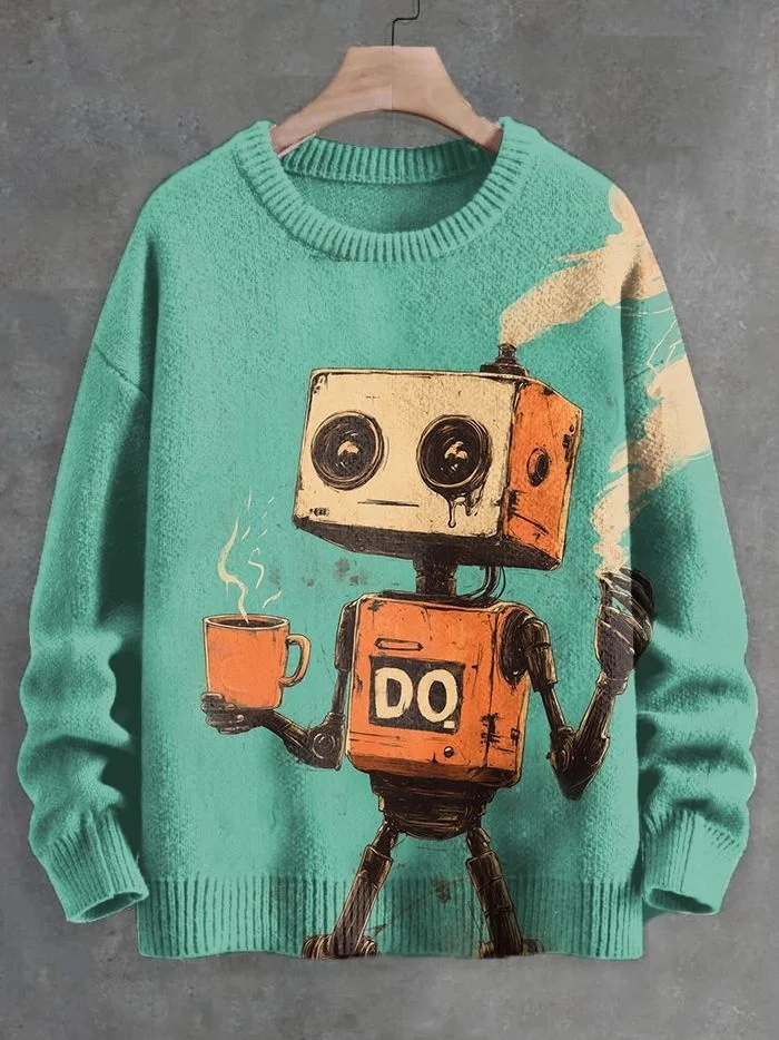 Men's Crew Neck Sweater Guitar Playing Robot Printed Knit Pullover Women For Men Sweater