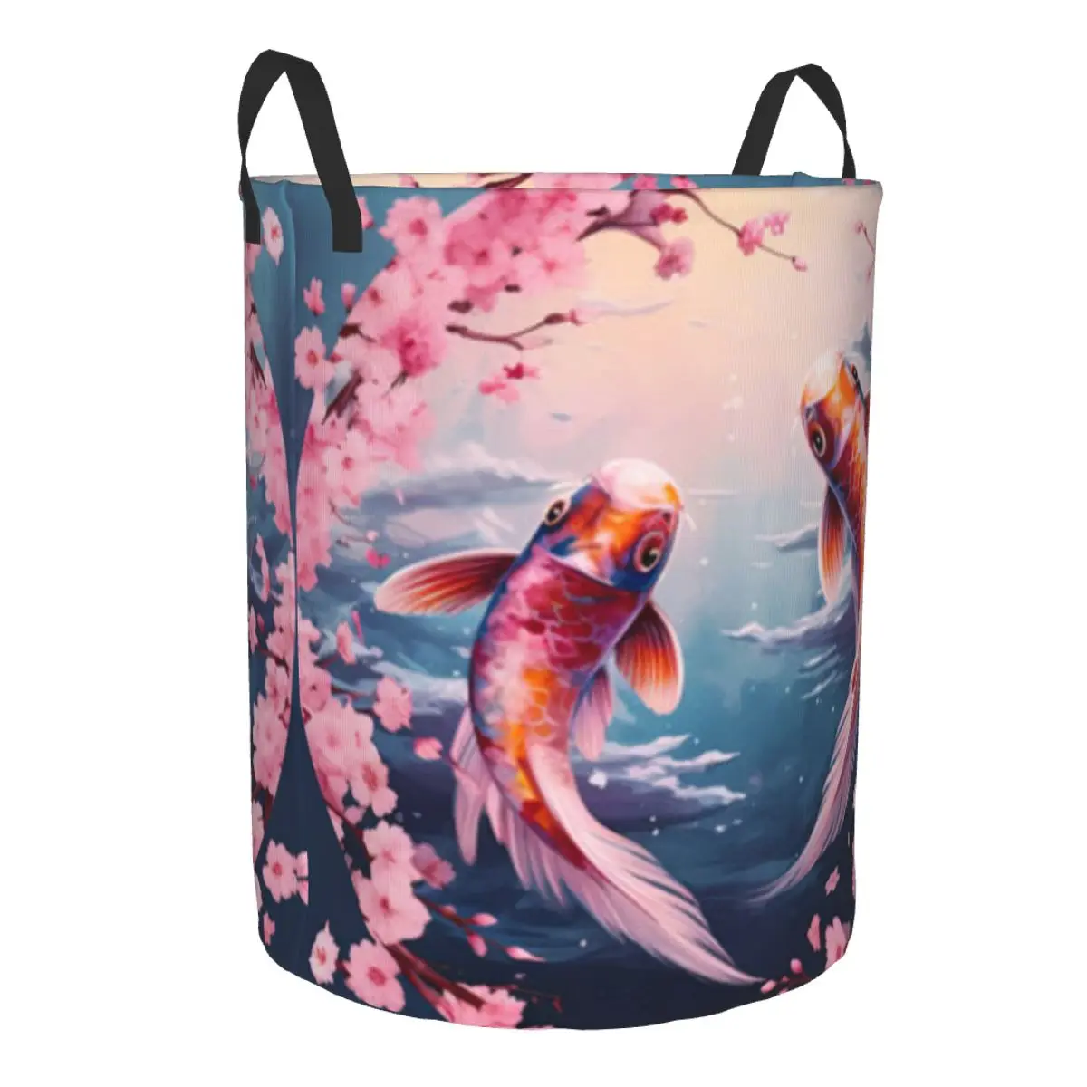 Folding Laundry Basket Koi Fish And Cherry Blossoms Dirty Clothes Storage Bucket Wardrobe Clothing Organizer Hamper