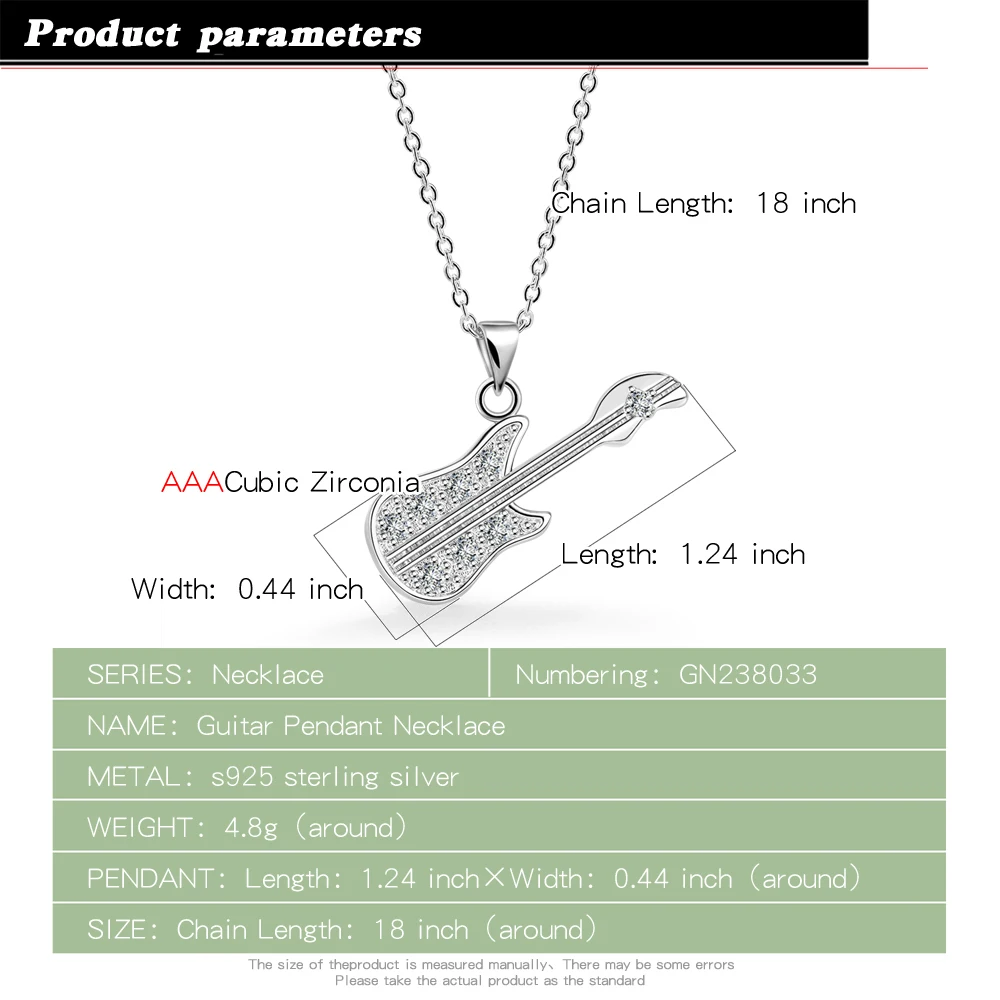 Sweet cute guitar necklace 925 sterling silver pendant necklace for women fashion popular zircon choker birthday party gift