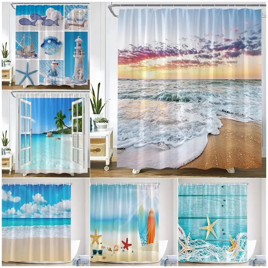 Dusk Sea Wave Beach Shower Curtains Creative Splicing Starfish Sailboat Blue Wooden Board Landscape Home Decor Bathroom Curtain