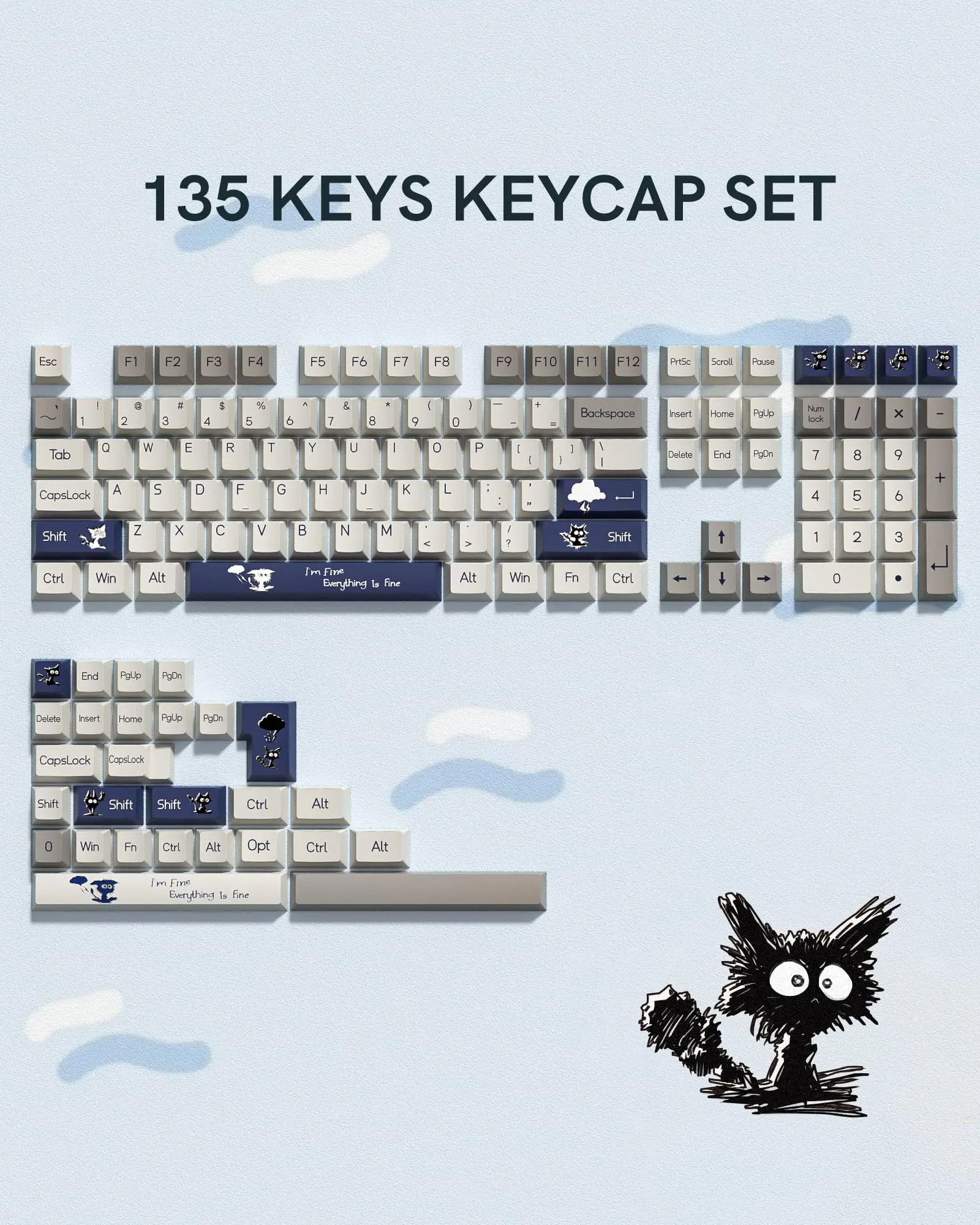 131 Keys Blue White Cat PBT Keycaps Cherry Profile Five Side Dye Sub Key caps for Cherry MX Switches Gaming Mechanical Keyboard