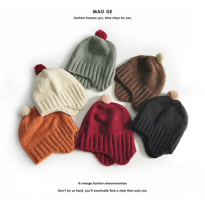 

M246 Children's Hat Woolen Hat Autumn and Winter New Men and Women Baby Ear Protection Hair Ball Cap Warm Knitted Hat