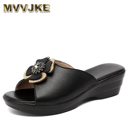 Summer Women‘s Slippers Sandals High Heel 5cm Fashion Platform Genuine Leather Slides Ladies Shoes Non-slip Casual