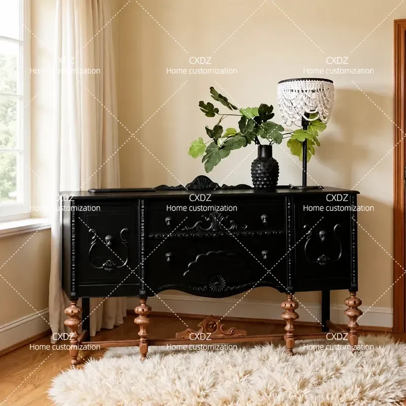 Solid Wood Dining Side Cabinet Black Engraved Storage Locker for Entrance Living Room Decorative Furniture