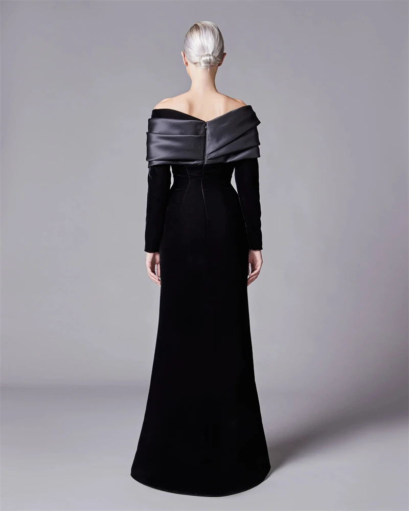 Modern Black Velvet Prom Dress Ruched Bespoke Speical Occasion Gowns Off Shoulder Cocktail Evening Party Dresses Full Sleeves