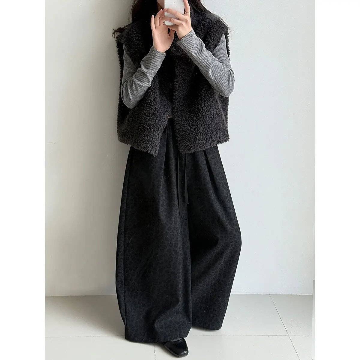 레오파드 프린트 하이웨이스트 와이드 레그 여성용 가을 겨울 두꺼운 기모 캐주얼 롱 팬츠